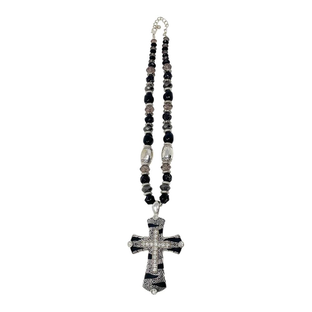 Y2K Black Silver Tone Chunky Cross Necklace Rhinestones Statement 13 Inch 2000s
